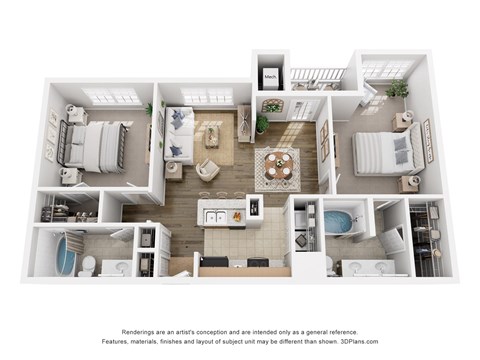 Floor plan for 2 beds, 2 baths, 1011 sqft